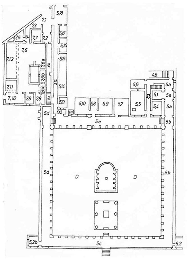 Villa of Diomedes. Room plan of garden and service areas by T. H. M. Fontaine.
See Fontaine, T. H. M., 1991. Die Villa di Diomede in Pompeji. Baugeschichtliche, typologische un stilistische Untersuchungen, Université de Trier, 1991, Abb. 4.